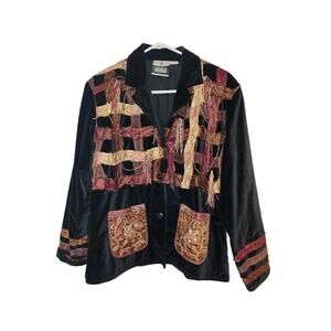 Vintage Yak Magik Large Black Red Tan Button Front Jacket Shirt with Silk Tassel